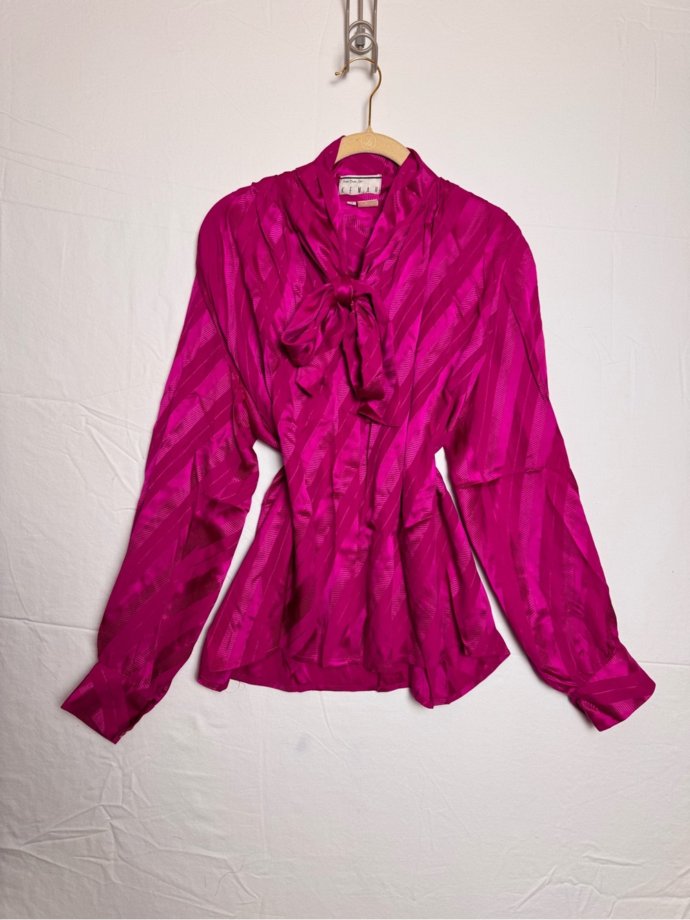 Vintage 80s Tie-Neck Striped Silk Blouse Berry Pink Ann Tjian Kenar 12